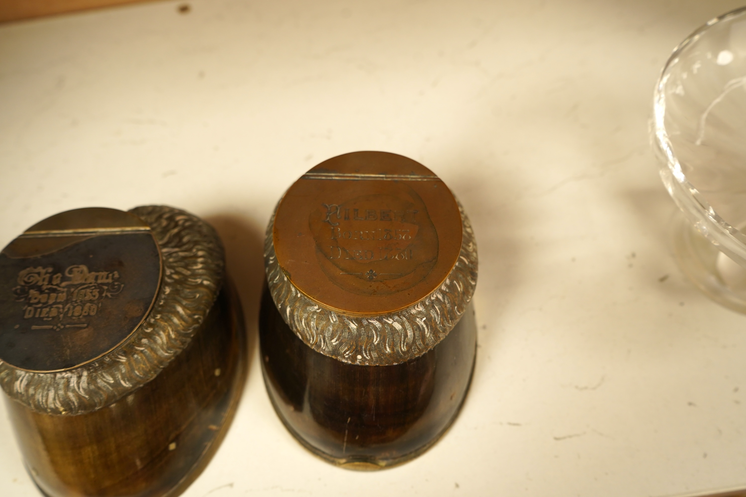 Two Victorian taxidermic horse hoof inkwells with inscriptions to the lids, 13cm wide